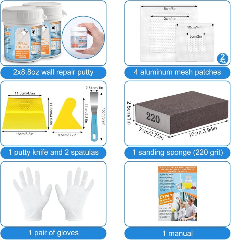 LifeisLuck Dry Wall Patch Kits, Aluminum Spackle Wall Repair Patch Kit Fiber Mesh Plate with Scraper, 8.8oz X 2 White Repair Putty Drywall Hole Filler to Fix Wall Surface Holes, Quick Repair Creak Damage - Image 4
